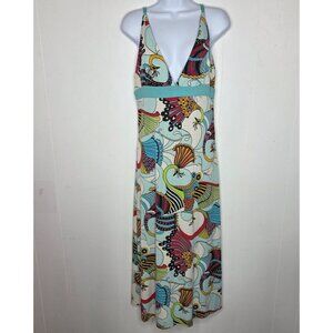 M Kalan Womens Y2K Vintage Colorful Peacock Babydoll Dress Size L Deep V Hippie